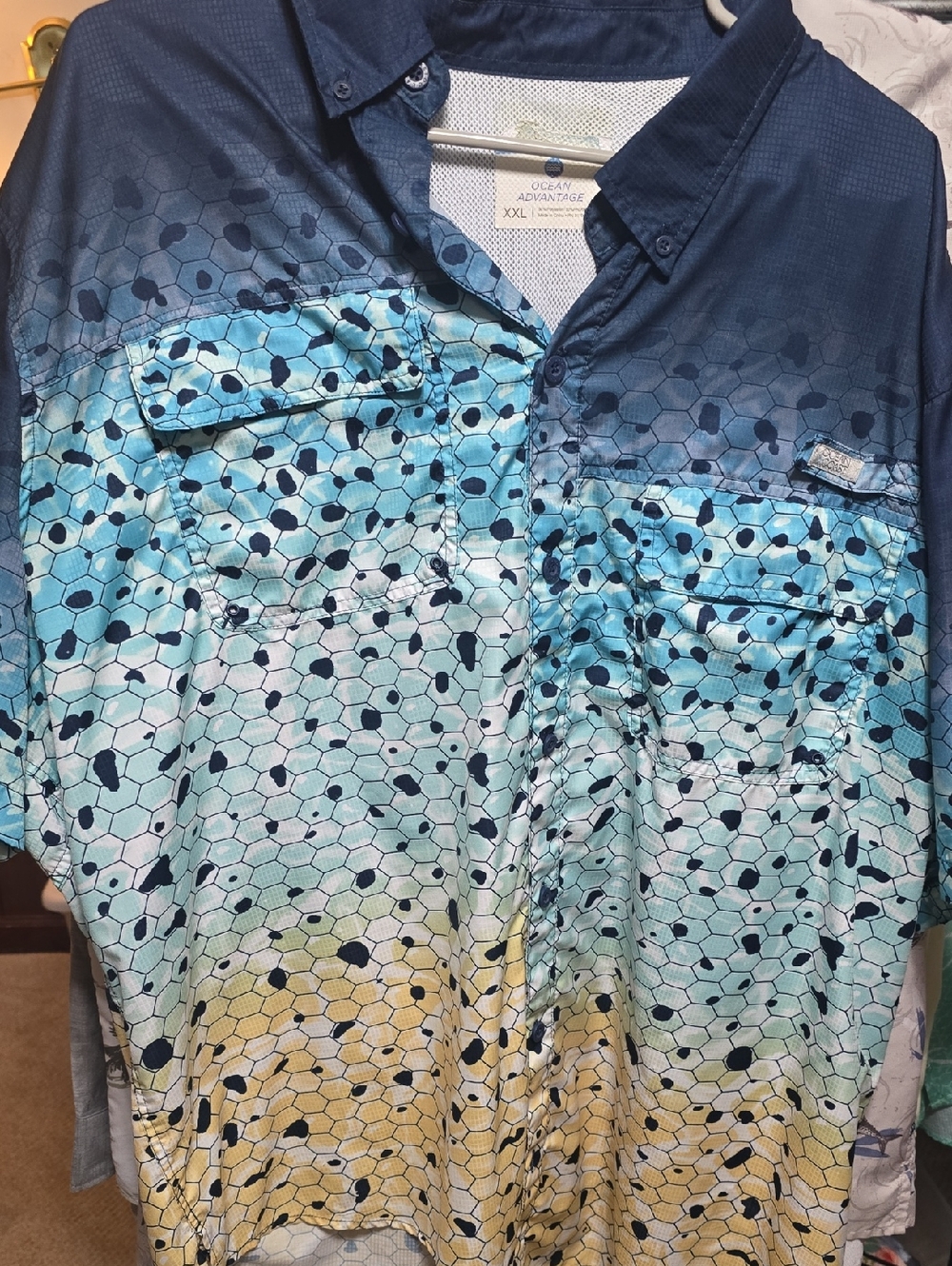 Ocean Coast Ocean Advantage Gradient Hex Print Button-Up Shirt - Blue & Yellow